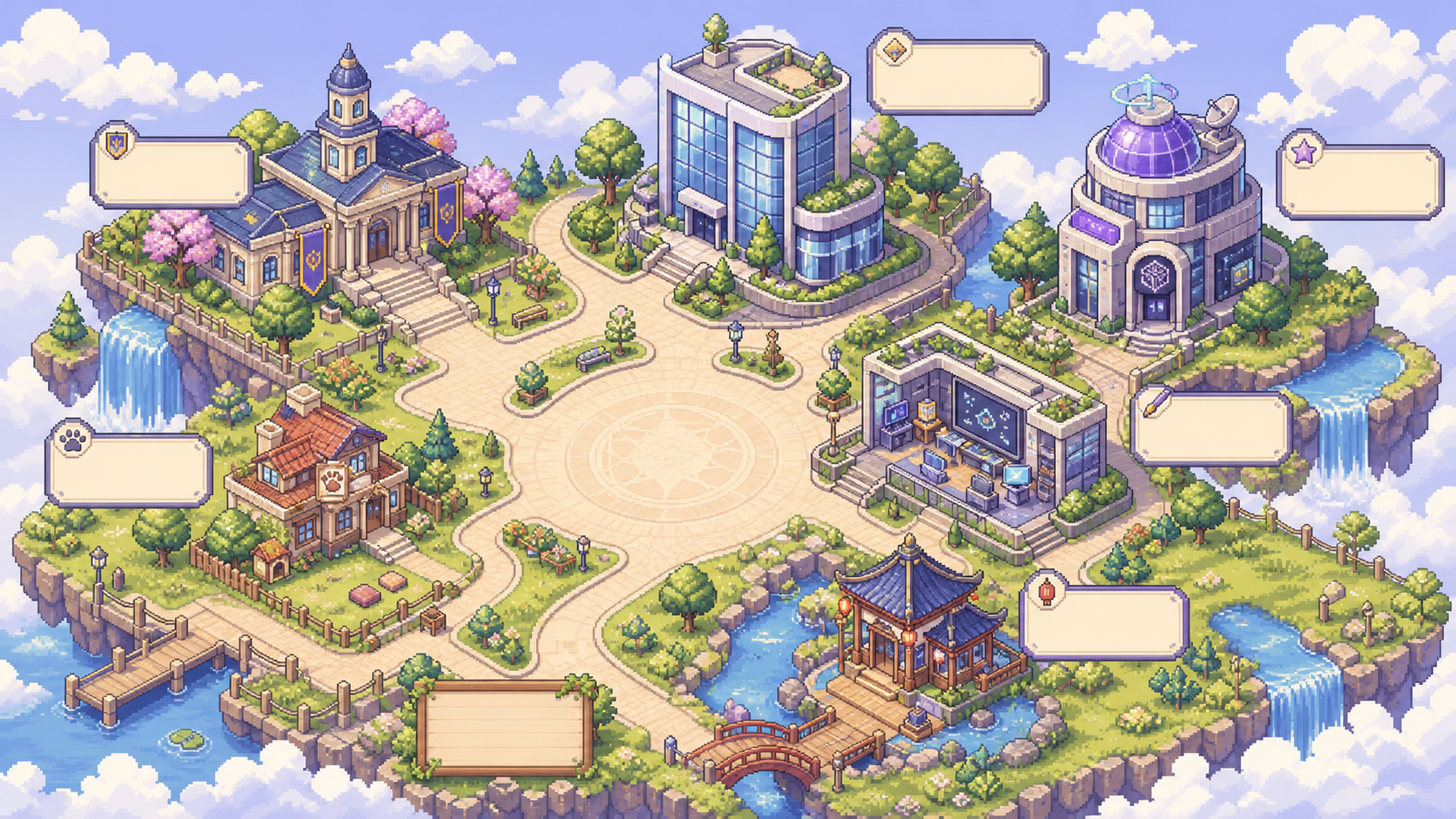 Pixel-art floating island portfolio map